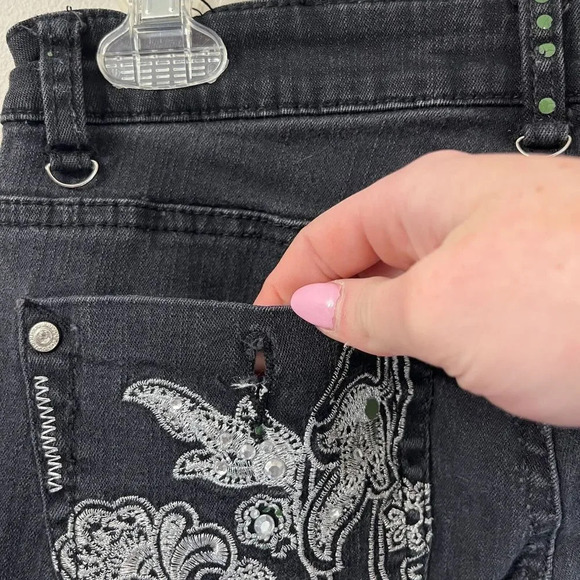 Joujou Women Dark Gray Bootcut Jeans 7/8 Medium Wash Embroidered Paisley Pockets - Picture 7 of 12